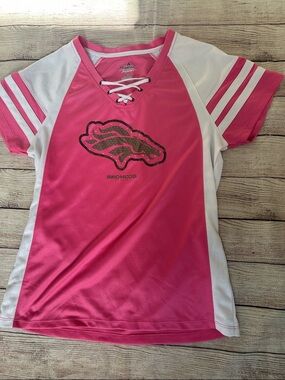 Majestic Pink and White Broncos Lace-Up Fan Jersey Size Large